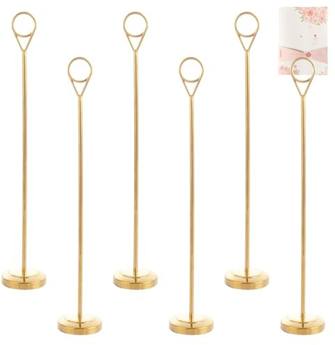 LOLYSIC 6Pcs Table Number Holders, 30cm / 12 Tall Place Card Holders, Heavy Duty Metal Photo Picture Stands, Anti Slip Table Number Stands for Wedding Party Reception Restaurant Table, Gold