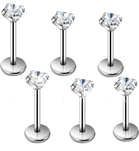 6Pcs Tragus Piercing Jewellery Surgical Steel Nose Piercing 20G Flat Back Cartilage Earrings Flatback Ear Studs Threadless Push in Labret Piercing Tragus Earrings for Women Body Jewellery (Silver）