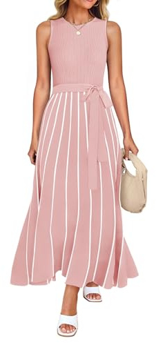 ZESICA Women's Summer Sweater Dress 2026 Sleeveless Crewneck Ribbed Knit Tie Waist Casual A Line Maxi Dresses Dusty Pink Small
