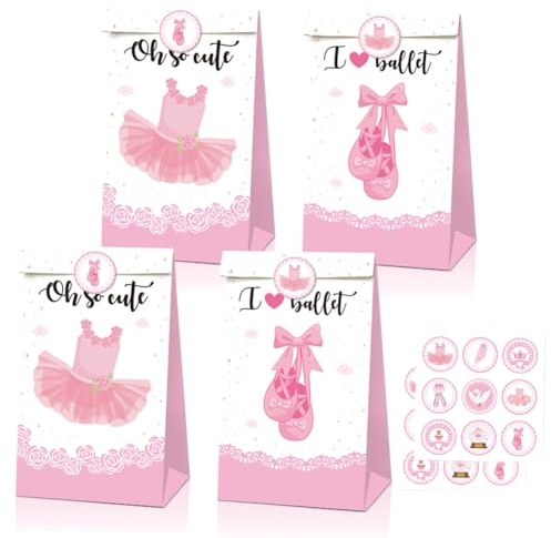 SUNSK Ballerina presentpåsar rosa papper partypåsar godispåsar sötsaker påse barnfödelsedag presentpåsar med klistermärken för flickor födelsedag jul party dekoration 12 st