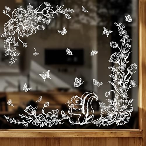 Tanlaby Fensterbilder Weiße Blumen Fensteraufkleber Schmetterling Eichhörnchen