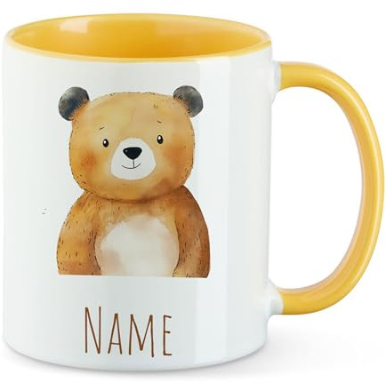 GRAZDesign Personalisierte Kinder Tasse mit Bär - Gelbe Kaffeebecher mit Namen Keramik 330ml