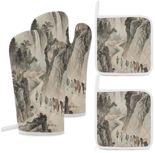 Oven Mitts And Potholders Set of 4 Heat Resistant Traveling in The Mountains And Streams Pattern Oven Mitts for Baking Kitchen Outdoor BBQ Cookouts