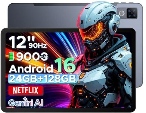 DOOGEE U12 Tablette Android 16, Tablette 12 Pouces, 24GB RAM+128GB ROM(TF 2TB), Batterie 9000 mAh 18W Charge Rapide, Unisoc T7255 Octa-Core Caméra 13MP Tablette Tactile, 5G WiFi Bluetooth GPS