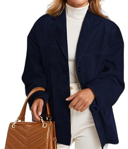Femme Blazer Blazer en Similicuir pour Femme Style Rétro Col À Revers Boutonné Veste De Costume en Similicuir Surdimensionnée Style Boyfriend Style Automne Style Streetwear Y2K Bleu Marine Taill