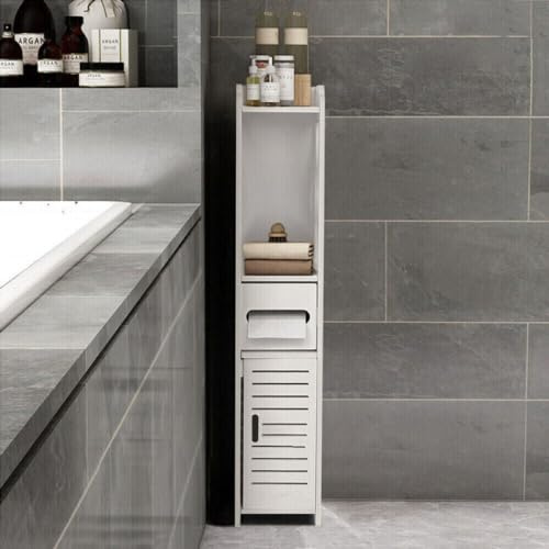 Bathroom Floor Cabinet White, Slim Bathroom Storage Unit, Corner 4-Tier Toilet Cabinet Cupboard Free Standing for Narrow Space, Bedroom, Bathroom, Office, Apartment