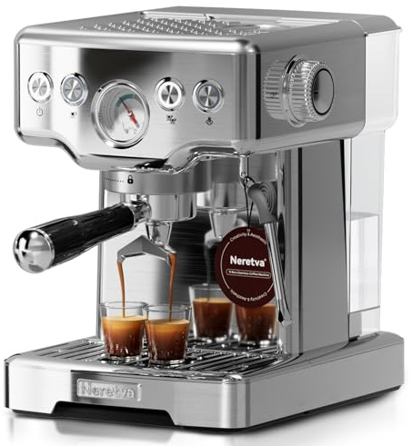 Neretva Machine a Cafe, Professionnelle Cafetière Expresso Avec Manomètre Visible 1450W En Acier Inoxydable Capacité 1,8L & Mousseur à Lait &15 Bar Machine Expresso Domestique-Espresso/Macchiato/Latte