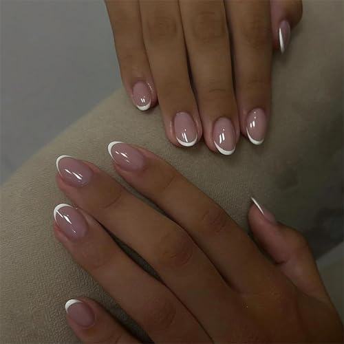 French Press on Nails kort mandel, 24 stycken naken rosa glänsande vita fransk falska naglar, återanvändbara och full täckning, konstgjorda naglar med nagellim för kvinnor flickor, gör-det-själv