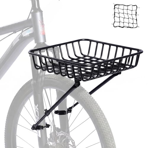 Bike Front Rack - Front Bicycle Cargo Rack with Support Struts & Adjustable Straps - Aluminium Front Cargo Pizza Rack, Stable & No Rattle, Universal Fit for Mountain, Gravel & Touring Bikes