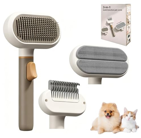 Kattborste & hundborste 3-i-1 lämplig för korthår långt hår | Lös effektiv hårborttagning och tovning, rundade nålar skonsam mot huden och massage, för hundar och katter, självrengörande