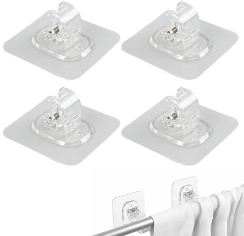 4 Stück Selbstklebende Gardinenstangenhalterung ohne Bohren, Robuste Vorhangstange Halter inkl, Schrauben, Stangenhalter für Badezimmer, Wohnzimmer, Schlafzimmer, Küche, Transparent ﻿