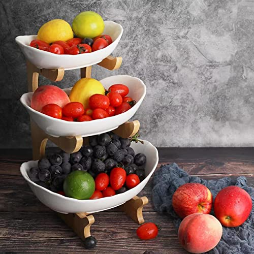 SEVEN SPARTA Frutero de 3 Pisos Cerámica, Cesta de Frutas de Bambú Cocina Mostrador y Organizador para Verduras y Frutas, Soporte de Frutas con Cuencos