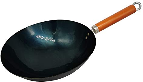 RNY Hand Hammered Wrought Iron Wok Pan Stir-Fry Pan with Wooden Handle Hanging Ring Traditional Pre-seasoned Round Bottom Wok, Asian Cuisine Wok (32cm/12.6)