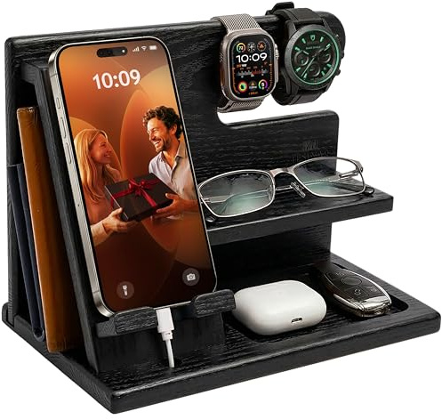 Teslyar Dad Gifts Wood Phone Docking Station – Wooden Desk Organizer Phone Dock, Nightstand Organiser with Watch & Key Holder, Birthday Anniversary Husband Men Gifts, (Black)