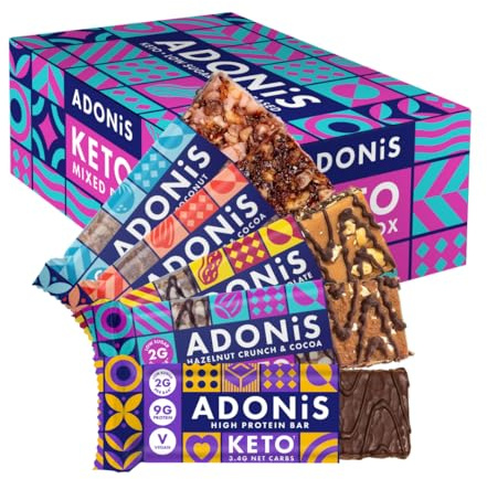 Adonis Mixed Box With 5 Flavours | High Protein & Nut Keto Bars (20 Bars) | Vegan/Keto-Friendly | Natural Keto Snacks | Sugar Free, Palm Oil Free | Low Sugar & Low Carb | Ideal for a Keto Diet