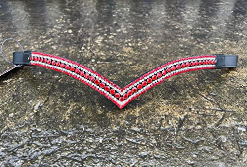 Equipride Stirnriemen für Zaumzeug in V-Form, glitzernd, 5 Reihen, Rot/Transparent (schwarzes Leder, Cob (38,1 cm)