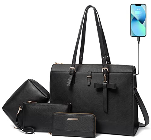Keyli Set med 4 st laptopväskor för kvinnor, stor portfölj för bärbar dator med USB-laddningsport, axelväska, handväska, Svart, 16.7W x 12.5H x 6.5D inch