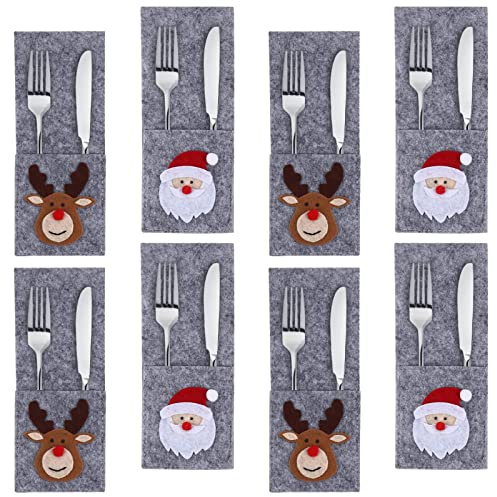 Lot de 8 porte-couverts de Noël - Motif Père Noël - Motif renne - En feutre - Rectangulaire - Décoration de table