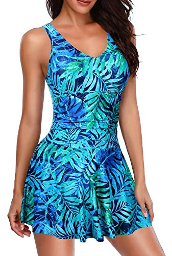 Yonique One Piece Swimsuits for Women Modest Tummy Control Swimdress Vintage Bathing Suits Skirt Swimwear Green Leaves L