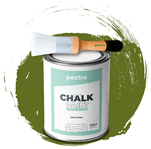 Pack Kreidefarbe für möbel 750ml + Malerpinsel speziell für Chalk Paint - Möbellack Natürlicher Kreideeffekt - Farbe für Holz (OLIVENGRÜN)