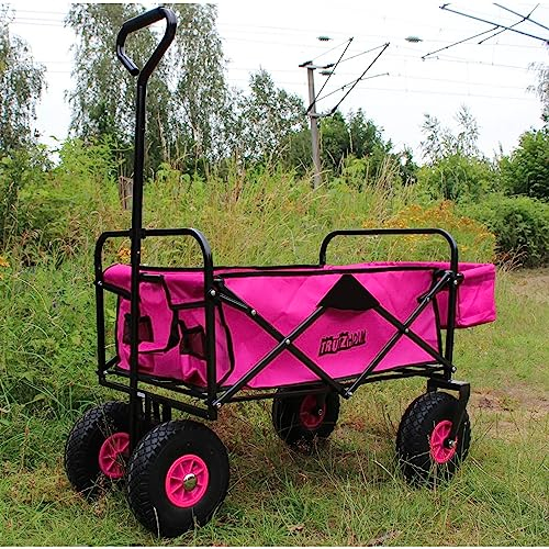 TRUTZHOLM Bollerwagen faltbar | 80 Liter | 4 PU Räder | Platzsparend | Orange | Gartenwagen Transportwagen Handwagen Strandwagen Kinderbuggy Ausflug Einkauf (Pink, ohne Dach)