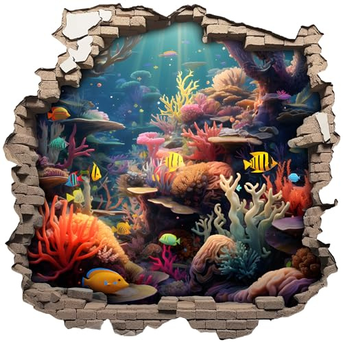 Wandtattoo Wandriss mit Unterwasserwelt Fenster in andere Welt Portal Schiffsfenster Kinderzimmer Wandaufkleber (50x50cm Unterwasserwelt)