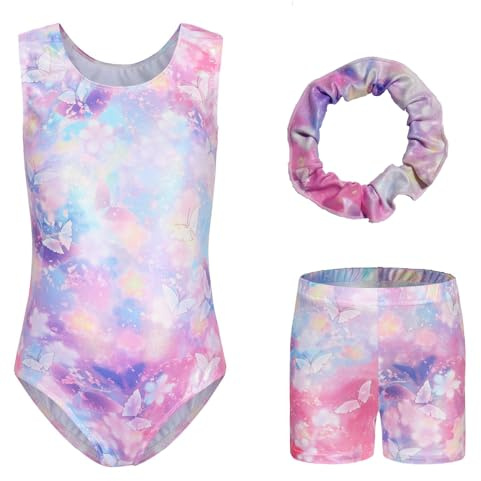 Sinoeem Maillot de gimnasia para niñas, manga larga/sin mangas, ropa de danza, ballet, pantalones cortos deportivos y diadema de colores brillantes para niñas de 5 a 12 años, B131_Butterfly, Tag