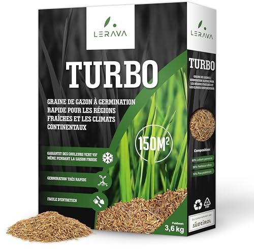 LERAVA® Turbo gazon à semer pousse rapide - (150m²) - pelouse à semer pour ombre et zones fraîches - 98% pureté - pelouse rustique vert vif - semence gazon résistante