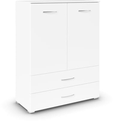 Rauch Möbel Pure by Aditio Hochkommode, Kommode, Highboard, Türkommode, Schubladenschrank, 2-türig, 2 Schubkästen, Soft-Close, Farbe Alpinweiß, 93x119x42cm