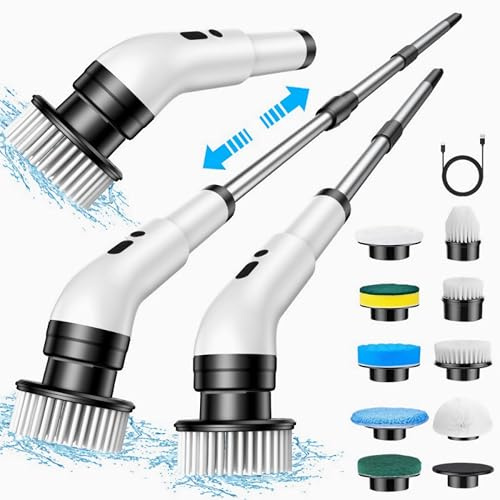 Electric Spin Scrubber, [IPX7 Waterproof] Cleaning Brush with 9 Replaceable Brush Heads, Power Scrubber for Bathroom, Kitchen, Floor, Tub, Toilet (White)