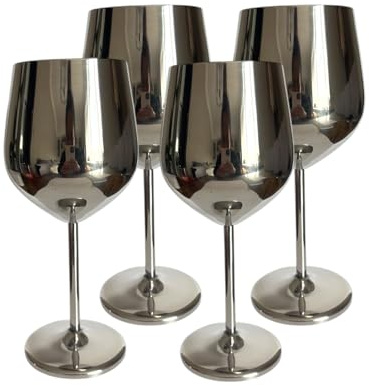 Laurie's Pub and Bar Accessories Set of 4 Stainless Steel Wine Glasses | 500ml | Unbreakable Goblet Glass (Silver)