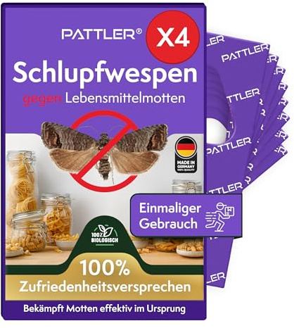 PATTLER® Schlupfwespen gegen Lebensmittelmotten – 4 Karten à 1 Lieferung – Lebensmittelmotten bekämpfen ohne Chemie – Alternative zur Mottenfalle, Mottenspray & Pheromonfalle