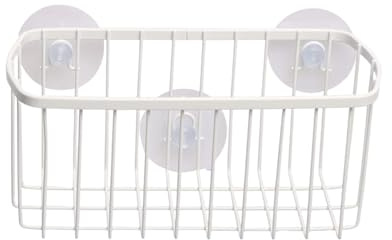 Bathroom Suction Shower Caddy Metal Basket Shower Organiser No-Drilling Suction Cup Deep Rectangular Storage Basket for Bathroom & Kitchen Self-Draining Shower Storage Solution (White)