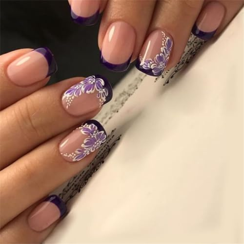 Lot de 24 faux ongles brillants à coller sur les ongles courts et carrés en acrylique Motif fleurs