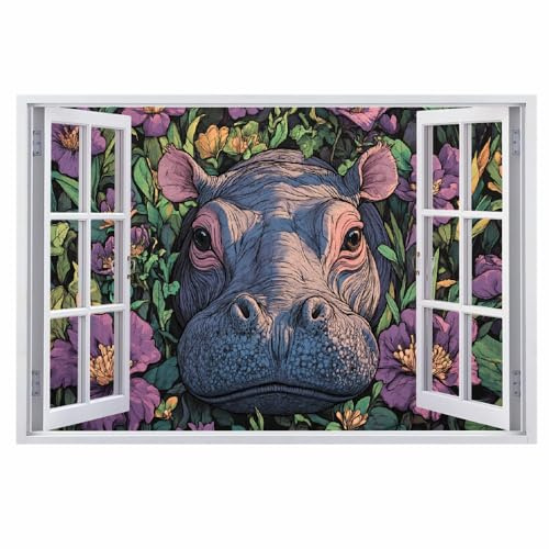 Wall Decal 3D Smashed Art Decor Hippo Wall Tattoo Art Vinyl Wall Stickers Flower Plants for Girls Kids Bedroom Nursery Living Room Sticker Mural Home Gift 75x112cm
