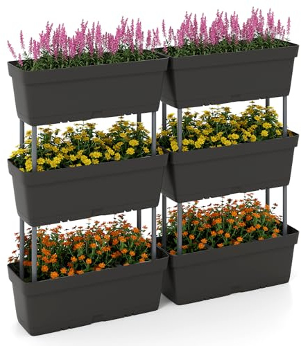 HOMASIS Juego de 6 macetas verticales de exterior con sistema de drenaje, combinación libre, jardinera elevada de jardín de polipropileno para frutas, hierba, verduras (negro)