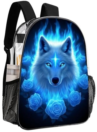 peiyeety Transparenter Tagesrucksack zum Wandern, Arbeiten und Laufen – große, diebstahlsichere Mehrzweck-Umhängetasche, Reise- und Sportrucksack mit blauem Feuer, Flamme, Rose, Wolf