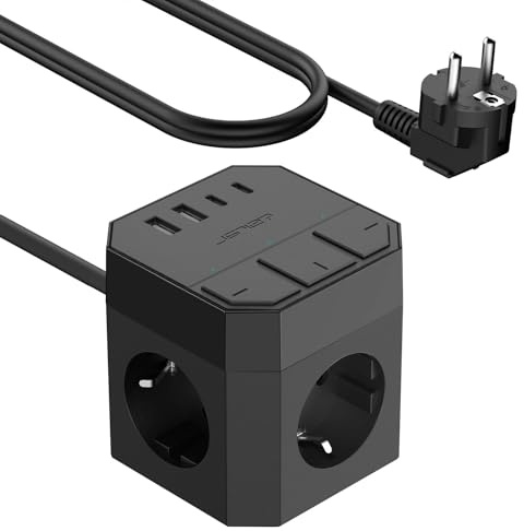JSVER 7-in-1 Steckdosenwürfel mit Einzeln Schaltbar, Mehrfachsteckdose mit USB C 3680W/16A Steckdosenleiste Cube mit 2 Typ-C, 2 USB, Steckerleiste mit 2M Verlängerungskabel für Zuhause Büro-Schwarz