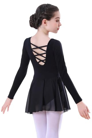 Ballettkleidung Mädchen Langarm-Ballettkleid Balletttrikot Baumwolle, Kinder Balletttrikot Tanzkleid Rosa Schwarz Tanzbody mit Rock (DE/NL/SE/PL, Numerisch, 130, Regular, Schwarz)