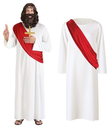 Dwafill Costume Gesù Uomo, Adulto Gesù Cristo Vestito Messia Costume Profeta Costumi Croce Gesuita Religioso, Abito Bianco Sciarpa Catena con Croce, per Halloween Carnevale Natale Cosplay