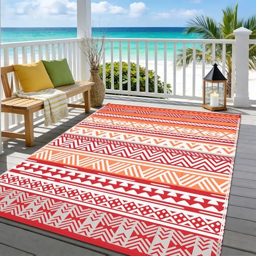 Enyhom Tapis d'extérieur réversible en plastique résistant aux intempéries, résistant aux UV, pour camping, balcon, terrasse, plage, barbecue, pique-nique, terrasse (orange, 180 x 270 cm)