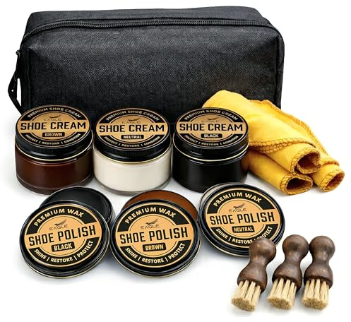 Eagle 13-Piece Shoe Polish Kit – Black, Brown & Neutral Shoe Wax & Boot Cream with Dauber Brushes and Shine Cloths – Leather Shoe Shine & Care Kit