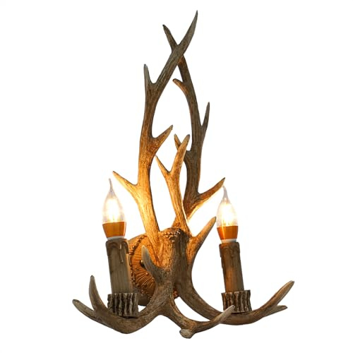 Tenddya Lámpara de pared rústica con cuerno de ciervo, Antler Wall Sconce 220 V con 2 bombillas LED E14, lámpara de pared de resina vintage para salón, dormitorio, pasillo