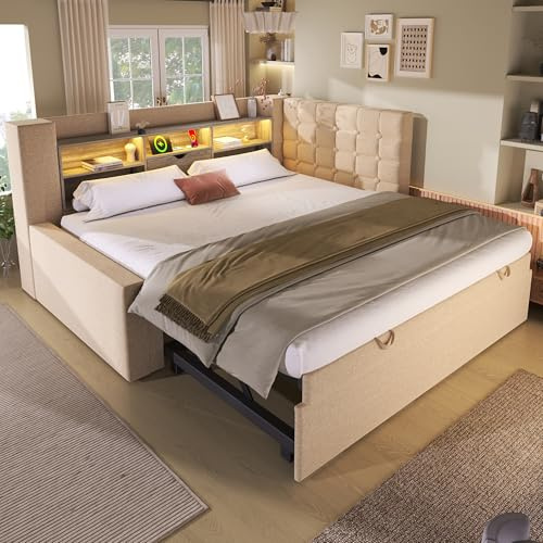 WIZBED Daybett Schlafsofa 90x200 mit Ausziehbett 90x190, LED, Staufächern | L-förmigem Kopfteil, Jugendbett Tagesbett mit Lattenrost, Gästebett, Bettgestell, Leinen, ohne Matratze, Beige