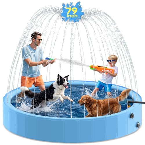 Pechfun 79'' Dog Pool with Sprinkler, Foldable Dog Pools for Large Dogs, 2-in-1 Non-Slip Swimming Pool for Dogs & Kids, Heavy Duty Hard Plastic Pet Bathing Tub for Outdoor Backyard, Blue