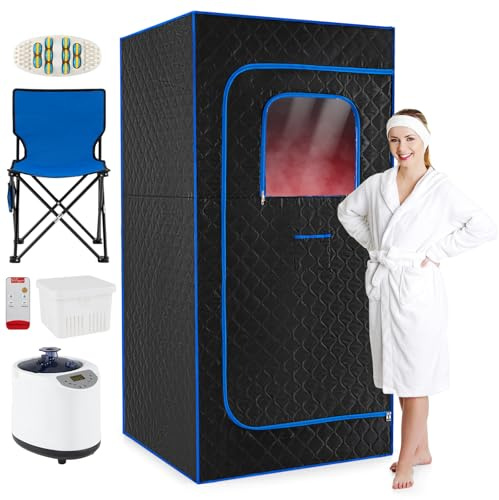 COSTWAY Portable Sauna Steam, Full Body Sauna Tent Steam Room with 3L 1200W Steamer Generator, Timer, Remote Control & Folding Chair, Personal Home Spa Pod Box for Therapy Detox Slimming (Blue+Black)