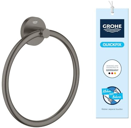 GROHE Start, Handtuchring ohne Bohren (Handtuchhalter rund, zum Kleben oder Bohren, inkl. Schrauben & Dübel, ohne Kleber, 5kg belastbar, verdeckte Befestigung), Hard Graphite, anthrazit, 41174AL0