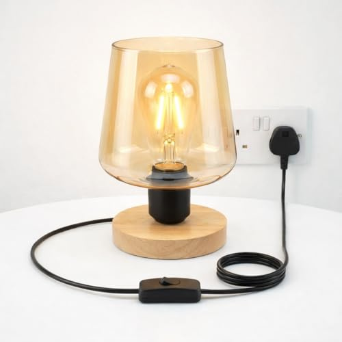 DC VOLTAGE 24cm Wooden Bedside Table Lamp with Amber Glass Shade – E27 Plug-in Desk Light with Bulb, 2m Cable & Inline Switch, Small Nightstand Lamp for Bedroom & Living Room (Tulip)