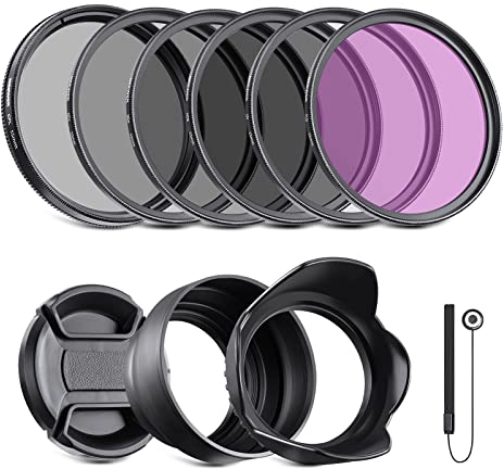 NEEWER 55mm ND Filter Kit and Lens Accessories, ND2 ND4 ND8 UV FLD CPL(Circular Polarizing) Filter Set with Lens Cap/Tulip Shaped Lens Hood