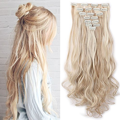 Elailite Clip in Extensions wie Echthaar günstig Haarteile 8 Tresssen 18 Clips für komplette Haarverlängerung Gewellt Haarextensions 24(60cm)-140g Honigblond/Blond